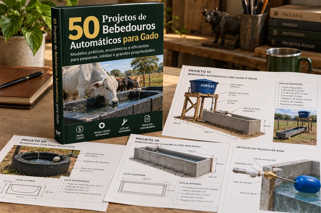 Mockup ilustrativo do eBook e de páginas com esquemas de bebedouros