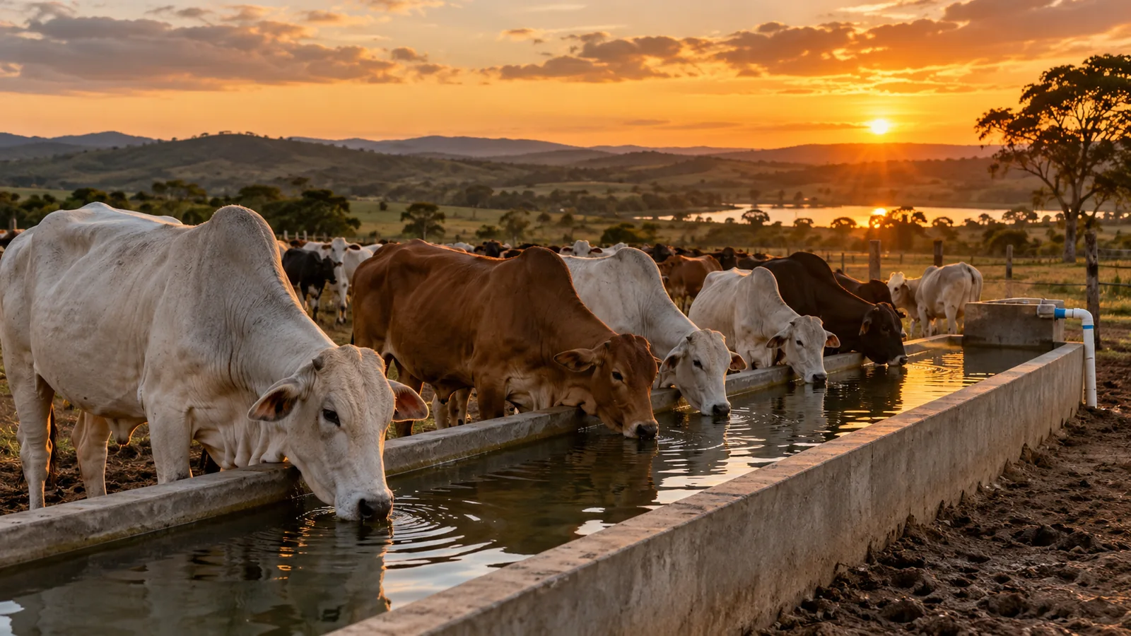 Gado junto ao bebedouro na luz dourada do entardecer