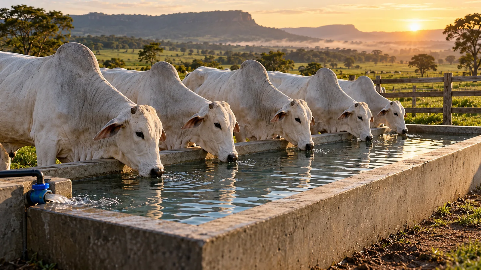 Gado bebendo em bebedouro de concreto em uma fazenda brasileira